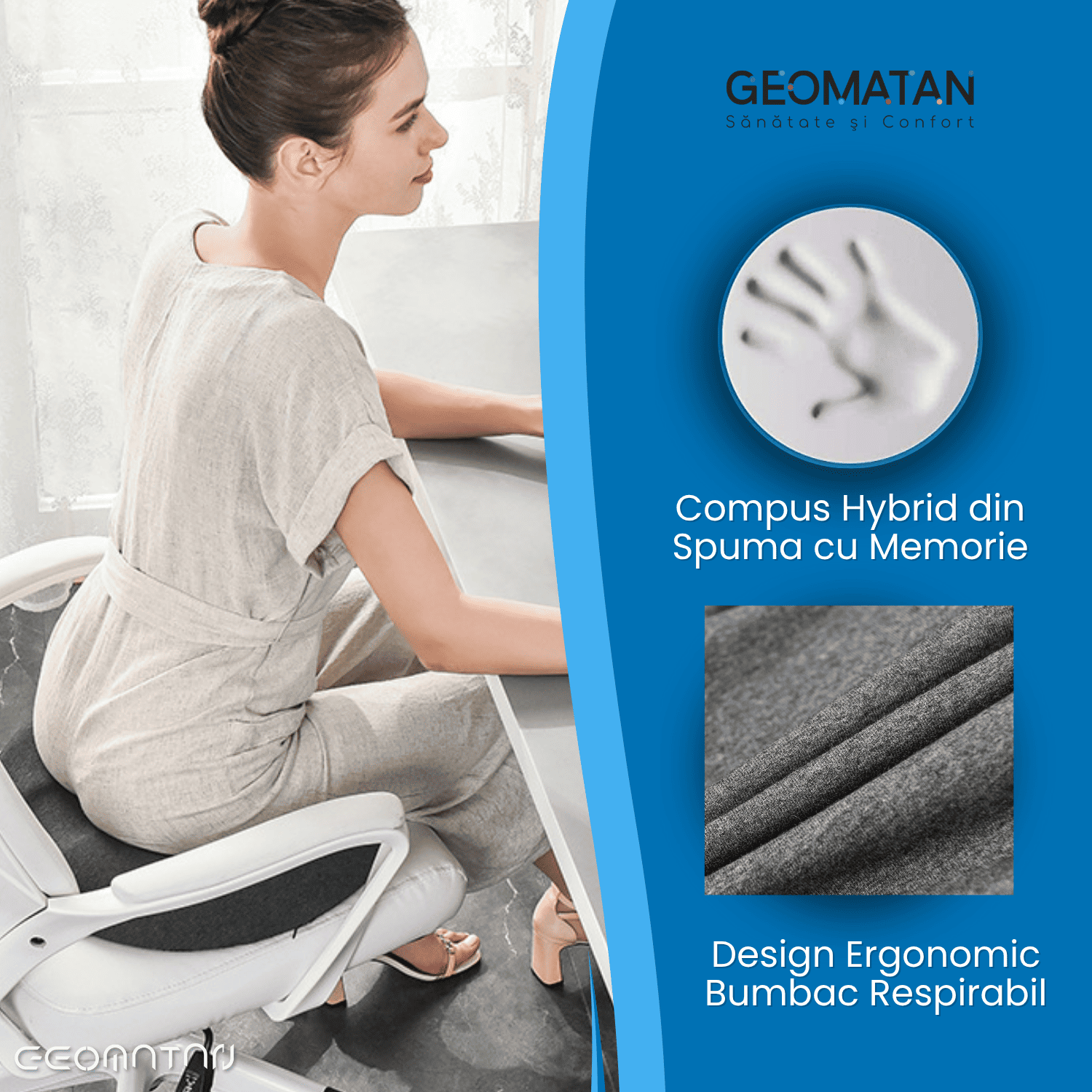 Pernă șezut colac GEOMATAN®, din spumă cu memorie Premium, Ortopedică, Antiescara, Epiziotomie, până la 120 kg, pentru scaun birou sau mașină, confort Coccis, Husă respirabilă și antialunecare, Sciatica, Dureri, Hemoroizi, 44×40×7 cm, Gri - imagine 6