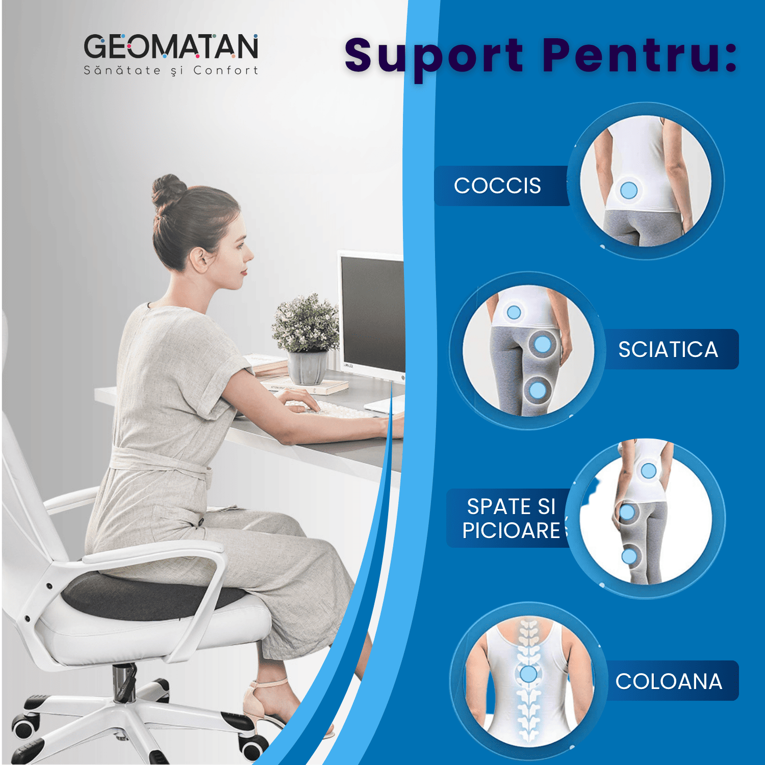 Pernă șezut colac GEOMATAN®, din spumă cu memorie Premium, Ortopedică, Antiescara, Epiziotomie, până la 120 kg, pentru scaun birou sau mașină, confort Coccis, Husă respirabilă și antialunecare, Sciatica, Dureri, Hemoroizi, 44×40×7 cm, Gri - imagine 3