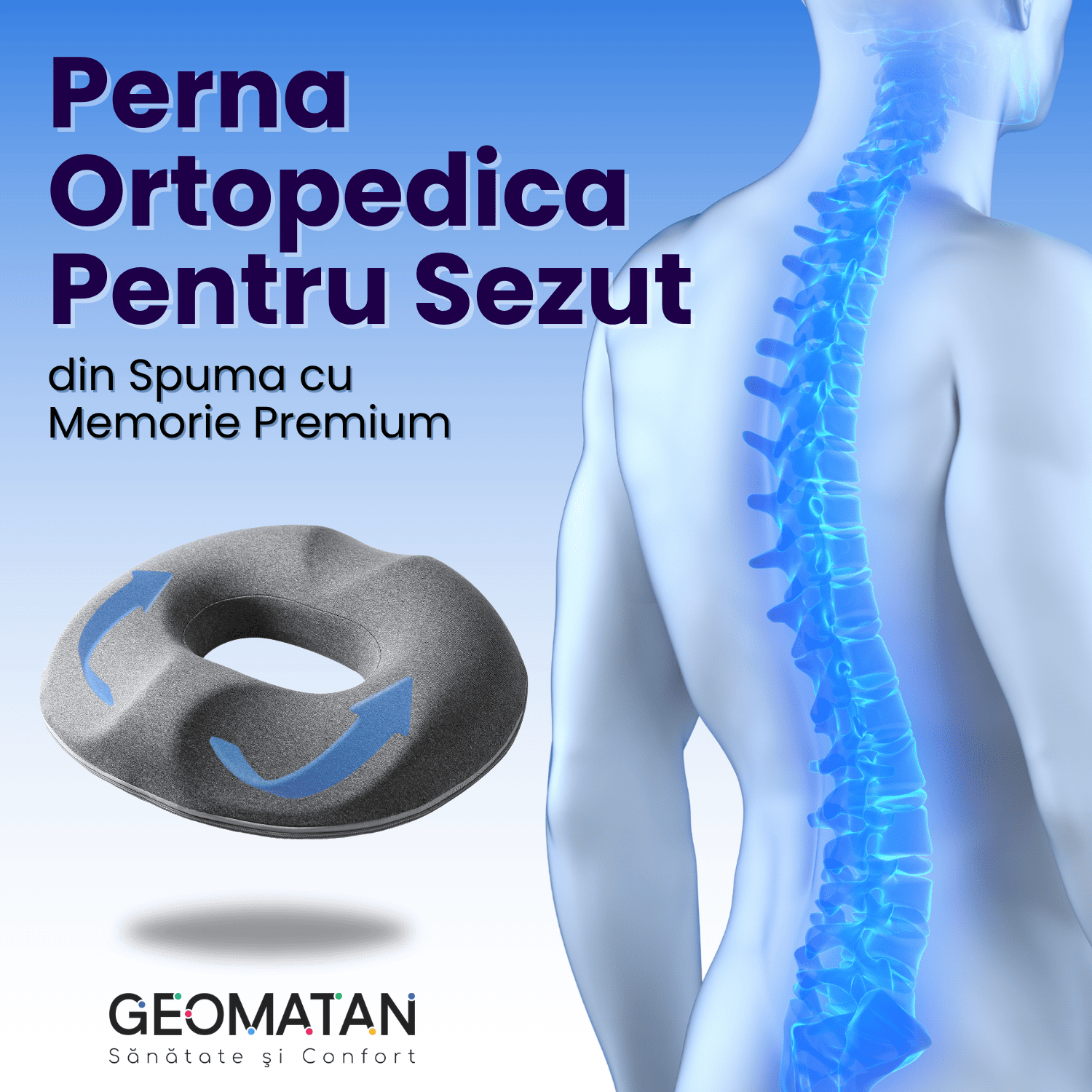 Pernă șezut colac GEOMATAN®, din spumă cu memorie Premium, Ortopedică, Antiescara, Epiziotomie, până la 120 kg, pentru scaun birou sau mașină, confort Coccis, Husă respirabilă și antialunecare, Sciatica, Dureri, Hemoroizi, 44×40×7 cm, Gri - imagine 10