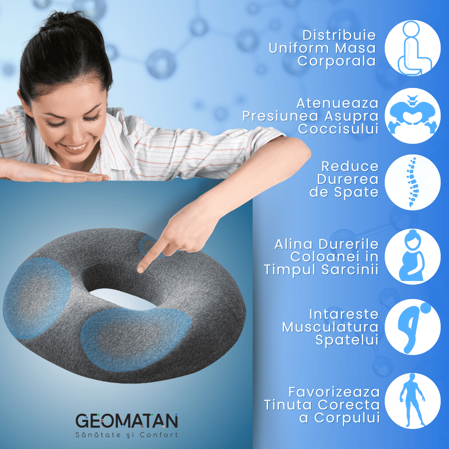 Pernă șezut colac GEOMATAN®, din spumă cu memorie Premium, Ortopedică, Antiescara, Epiziotomie, până la 120 kg, pentru scaun birou sau mașină, confort Coccis, Husă respirabilă și antialunecare, Sciatica, Dureri, Hemoroizi, 44×40×7 cm, Gri - imagine 9