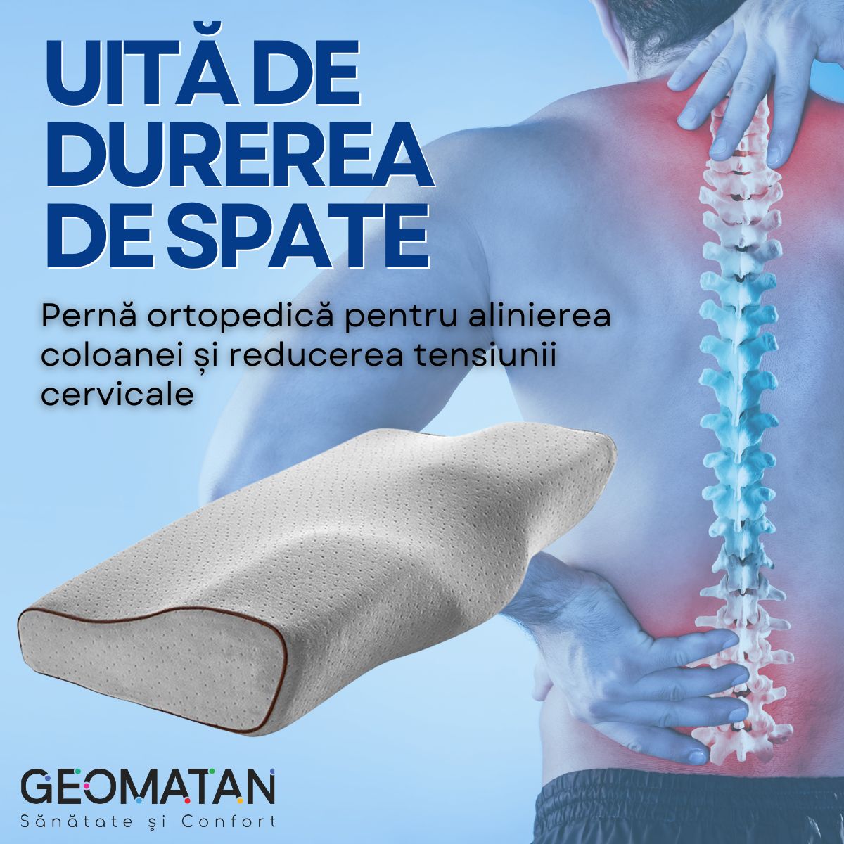 Pernă Ortopedică dormit GEOMATAN®, Spumă cu Memorie, Suport Ergonomic pentru Gât și Coloana, ideală pentru Alinierea Cervicală, Reducerea Durerilor și Tensiunii, Somn Odihnitor și Confortabil, Material Hipoalergenic, Anatomică, Anti-Sforăit, 60x35x11/7 cm - imagine 3