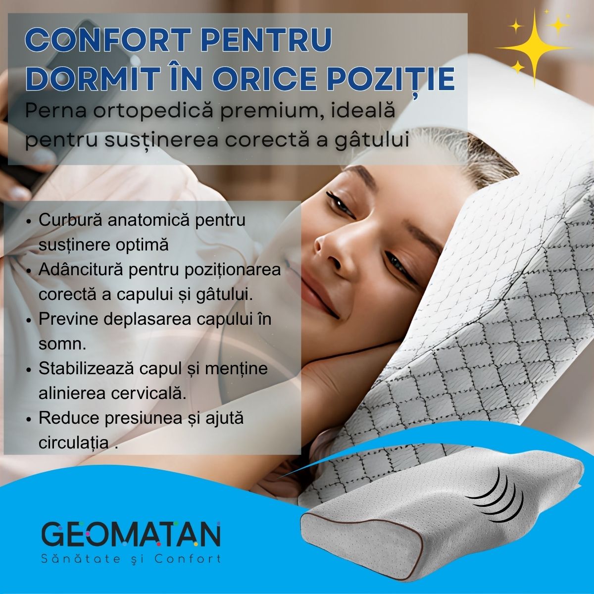 Pernă Ortopedică dormit GEOMATAN®, Spumă cu Memorie, Suport Ergonomic pentru Gât și Coloana, ideală pentru Alinierea Cervicală, Reducerea Durerilor și Tensiunii, Somn Odihnitor și Confortabil, Material Hipoalergenic, Anatomică, Anti-Sforăit, 60x35x11/7 cm - imagine 4