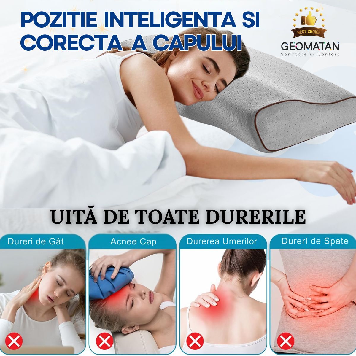 Pernă Ortopedică dormit GEOMATAN®, Spumă cu Memorie, Suport Ergonomic pentru Gât și Coloana, ideală pentru Alinierea Cervicală, Reducerea Durerilor și Tensiunii, Somn Odihnitor și Confortabil, Material Hipoalergenic, Anatomică, Anti-Sforăit, 60x35x11/7 cm - imagine 7