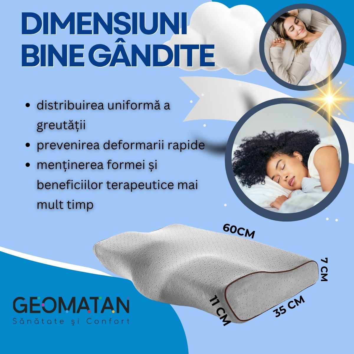 Pernă Ortopedică dormit GEOMATAN®, Spumă cu Memorie, Suport Ergonomic pentru Gât și Coloana, ideală pentru Alinierea Cervicală, Reducerea Durerilor și Tensiunii, Somn Odihnitor și Confortabil, Material Hipoalergenic, Anatomică, Anti-Sforăit, 60x35x11/7 cm - imagine 8