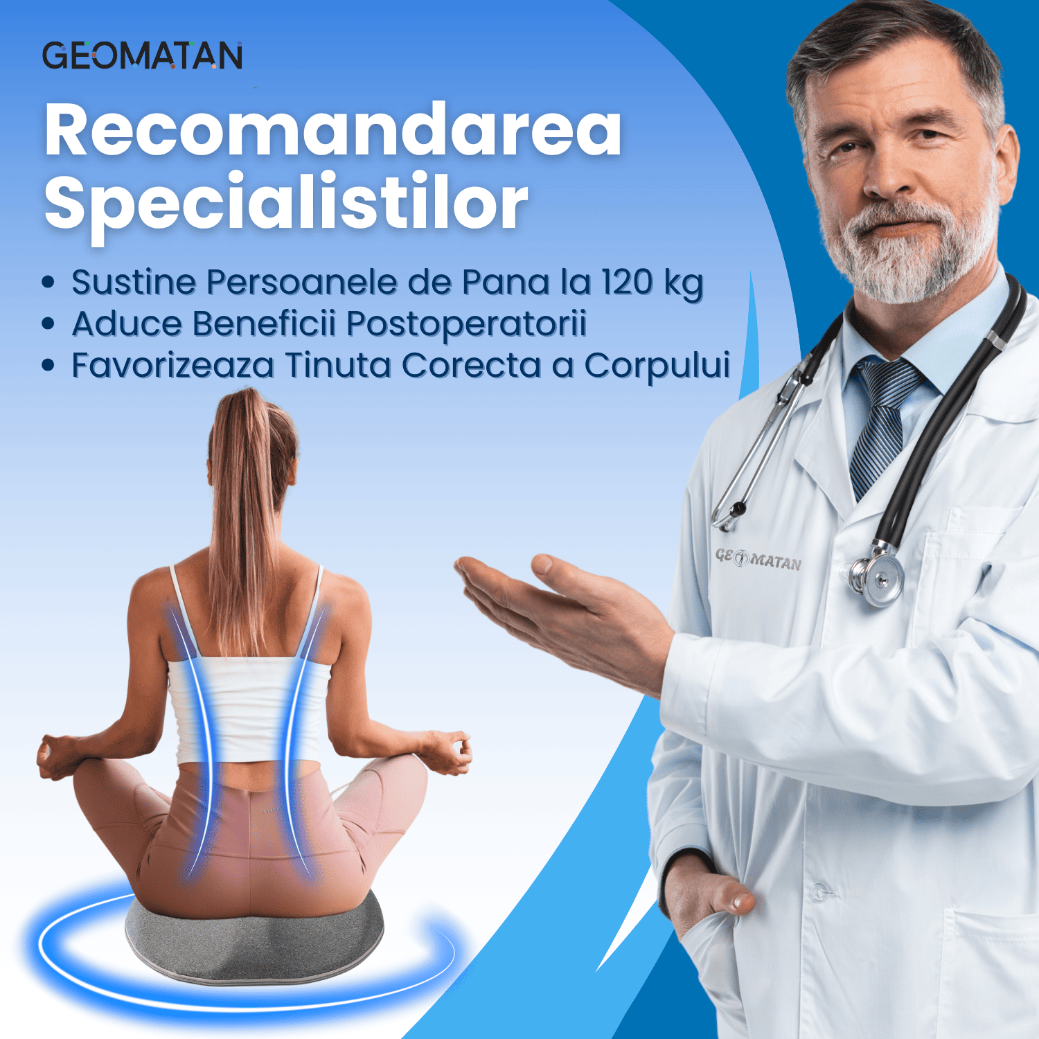 Pernă șezut colac GEOMATAN®, din spumă cu memorie Premium, Ortopedică, Antiescara, Epiziotomie, până la 120 kg, pentru scaun birou sau mașină, confort Coccis, Husă respirabilă și antialunecare, Sciatica, Dureri, Hemoroizi, 44×40×7 cm, Gri - imagine 2