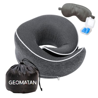 Perna de călătorie pentru gât, Cadou 3 accesorii, Sac de transport impermeabil, Dopuri de urechi, Mască de dormit 3D, utilă în Avion și Mașină, din Spumă cu memorie, Husă respirabilă, Alungă durerea cervicală, Mărime ajustabilă