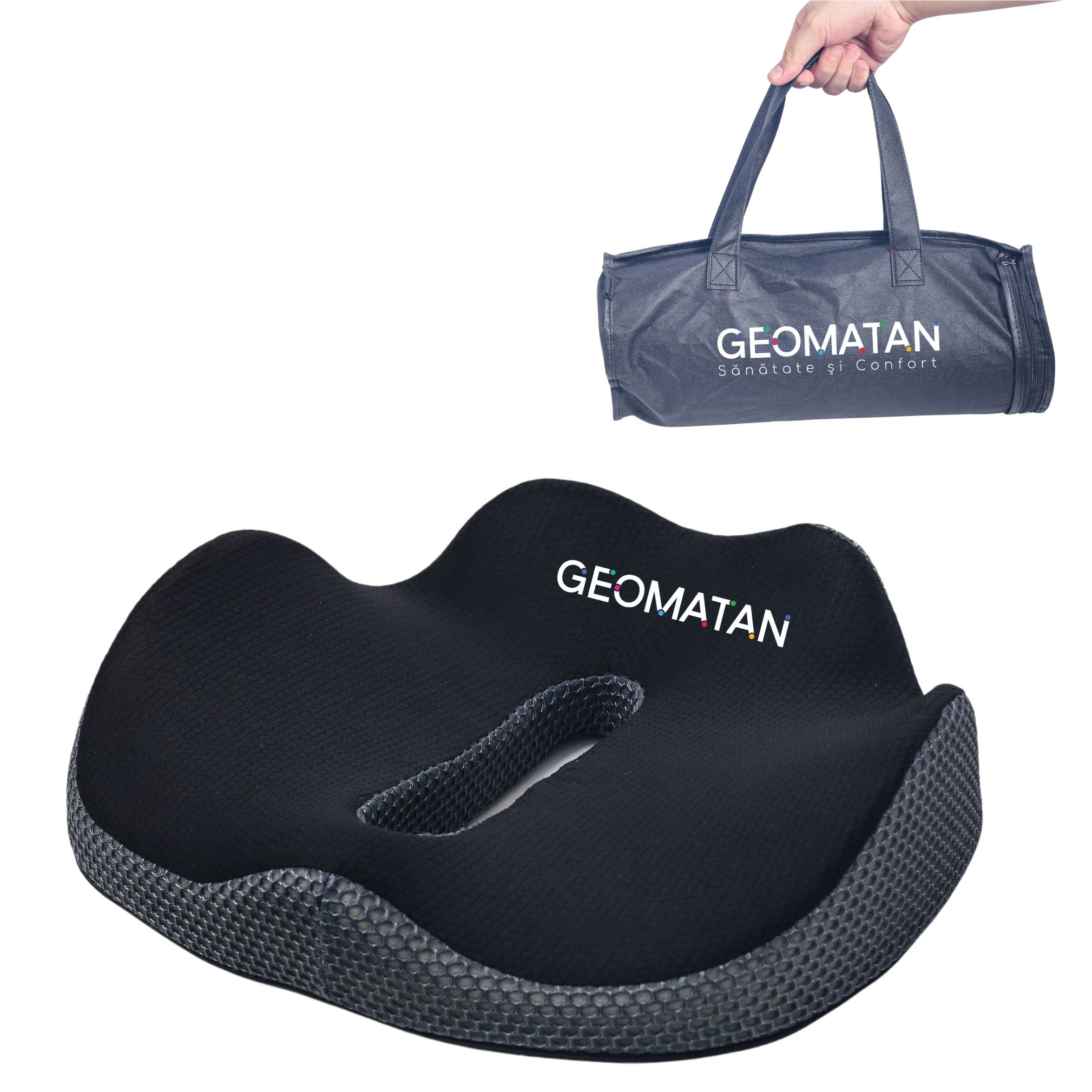 Pernă ortopedică șezut GEOMATAN®, cu suport complet, până la 100 kg, din spumă cu memorie Premim, pentru scaun birou / mașină, confort Coccis, Husă respirabilă și antialunecare, zona Lombară, Sciatică, Dureri de sold, Hemoroizi, 42x36x7/11cm