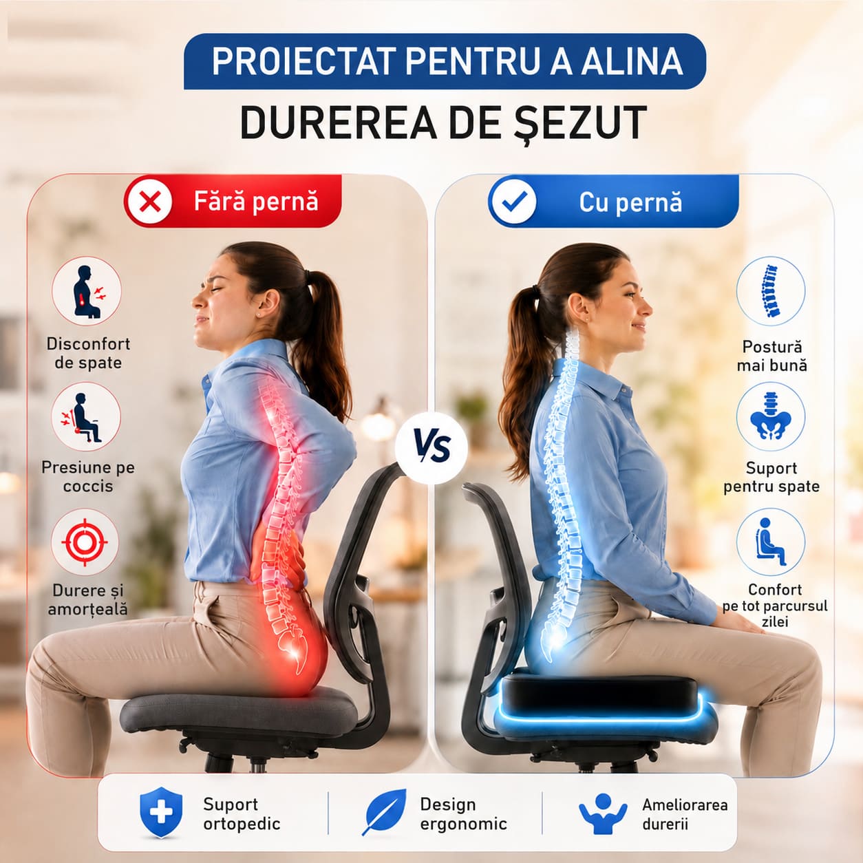Pernă ortopedică șezut GEOMATAN®, spumă cu memorie Premium, până la 100 kg, pentru scaun birou sau mașină, confort coccis, husă respirabilă și anti-alunecare, sciatică, dureri, hemoroizi, 45x35x7 cm, catifea - imagine 4
