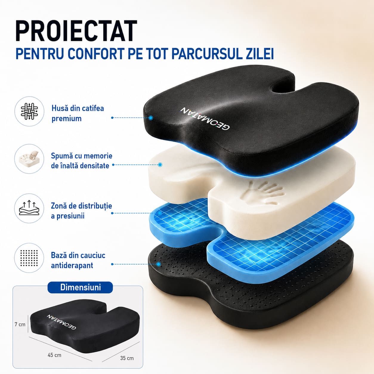 Pernă ortopedică șezut GEOMATAN®, spumă cu memorie Premium, până la 100 kg, pentru scaun birou sau mașină, confort coccis, husă respirabilă și anti-alunecare, sciatică, dureri, hemoroizi, 45x35x7 cm, catifea - imagine 5