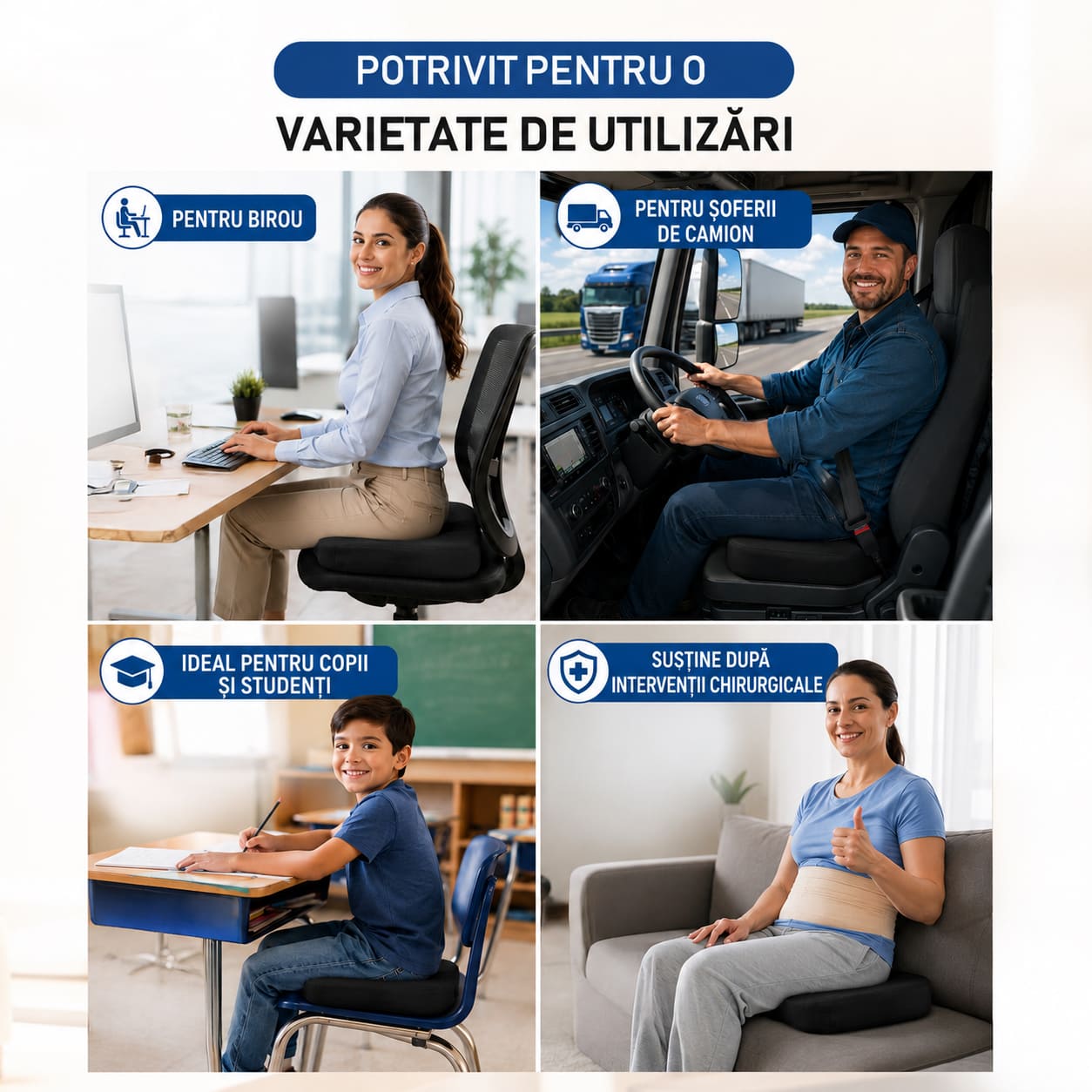Pernă ortopedică șezut GEOMATAN®, spumă cu memorie Premium, până la 100 kg, pentru scaun birou sau mașină, confort coccis, husă respirabilă și anti-alunecare, sciatică, dureri, hemoroizi, 45x35x7 cm, catifea - imagine 2