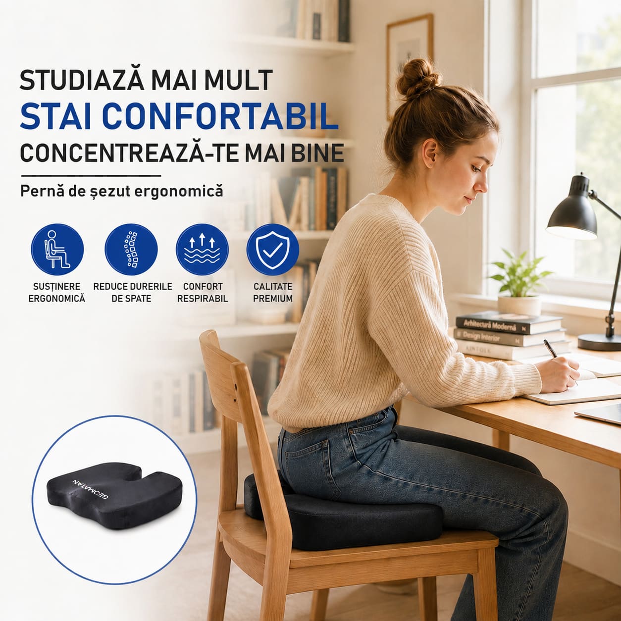 Pernă ortopedică șezut GEOMATAN®, spumă cu memorie Premium, până la 100 kg, pentru scaun birou sau mașină, confort coccis, husă respirabilă și anti-alunecare, sciatică, dureri, hemoroizi, 45x35x7 cm, catifea - imagine 6