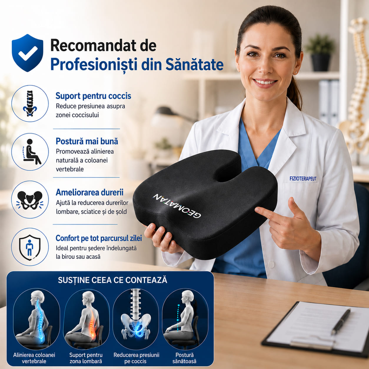 Pernă ortopedică șezut GEOMATAN®, spumă cu memorie Premium, până la 100 kg, pentru scaun birou sau mașină, confort coccis, husă respirabilă și anti-alunecare, sciatică, dureri, hemoroizi, 45x35x7 cm, catifea - imagine 3