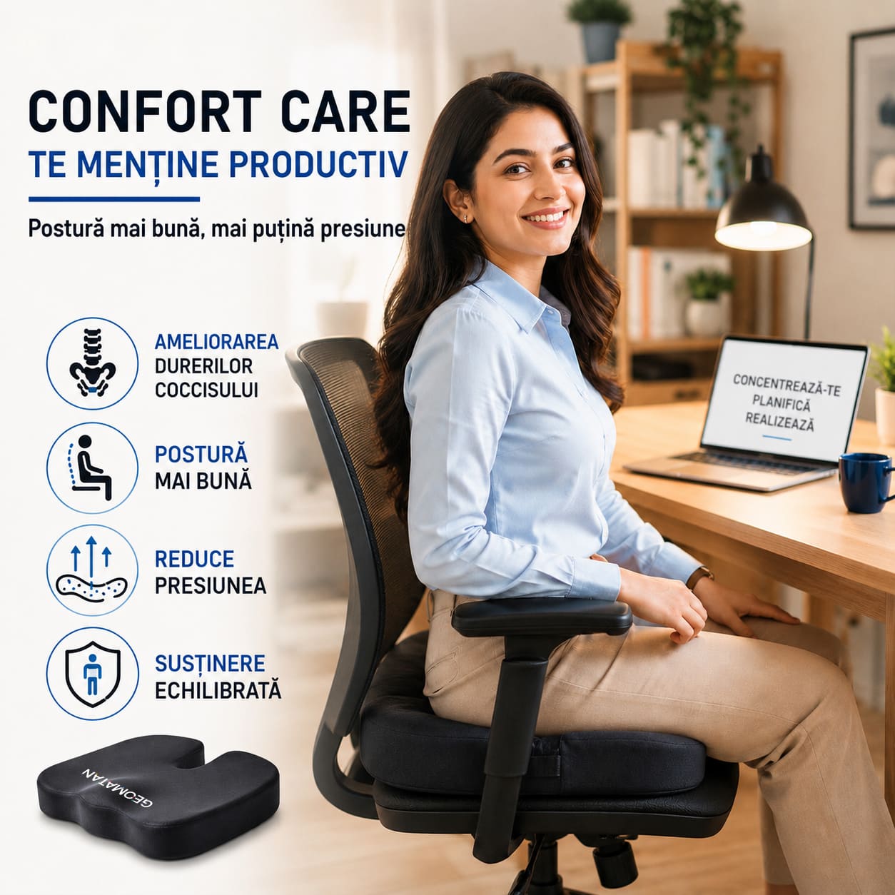 Pernă ortopedică șezut GEOMATAN®, spumă cu memorie Premium, până la 100 kg, pentru scaun birou sau mașină, confort coccis, husă respirabilă și anti-alunecare, sciatică, dureri, hemoroizi, 45x35x7 cm, catifea - imagine 7