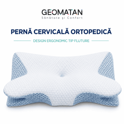 Pernă cervicală de dormit GEOMATAN®, Ortopedică, Suport ergonomic gât, umeri și brațe, ideală pentru aliniere coloana, Spumă cu memorie, Reduce durerea și tensiunea, Somn odihnitor, Husă răcoroasă, Anatomică, Anti-Sforăit, Beneficii sănătate, 64x35x12 cm