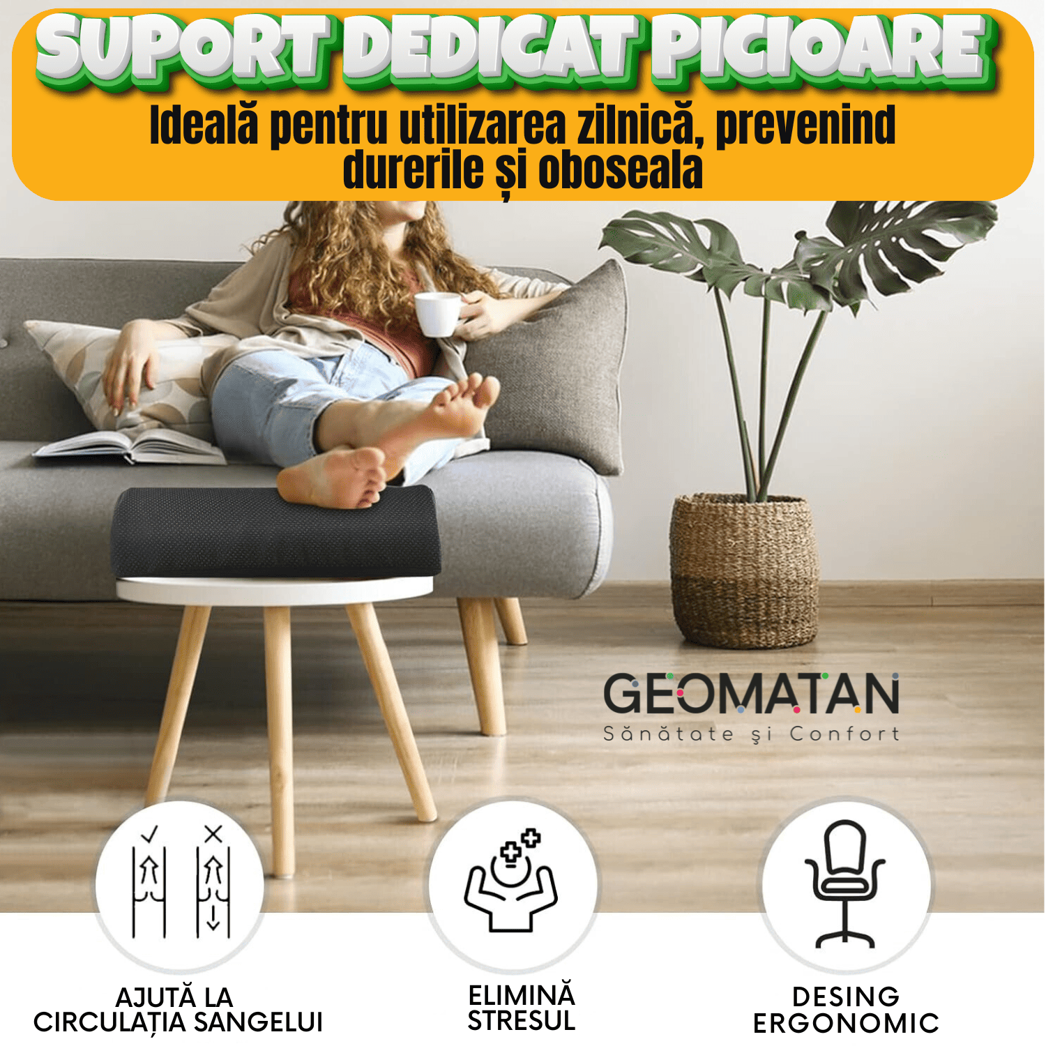 Suport pentru picioare, GEOMATAN®, 5 moduri utilizare, Ergonomic, îmbunătățirea posturii, reducerea durerilor lombare, relaxare musculară, susținere genunchi, stimularea circulației, husă antialunecare, Confortabil pentru birou și acasă, negru obsidian - imagine 3