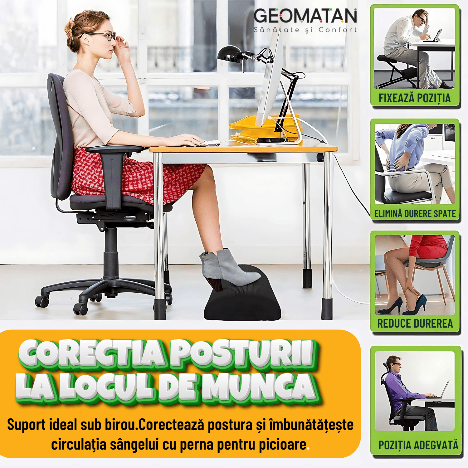 Suport pentru picioare, GEOMATAN®, 5 moduri utilizare, Ergonomic, îmbunătățirea posturii, reducerea durerilor lombare, relaxare musculară, susținere genunchi, stimularea circulației, husă antialunecare, Confortabil pentru birou și acasă, negru obsidian - imagine 2