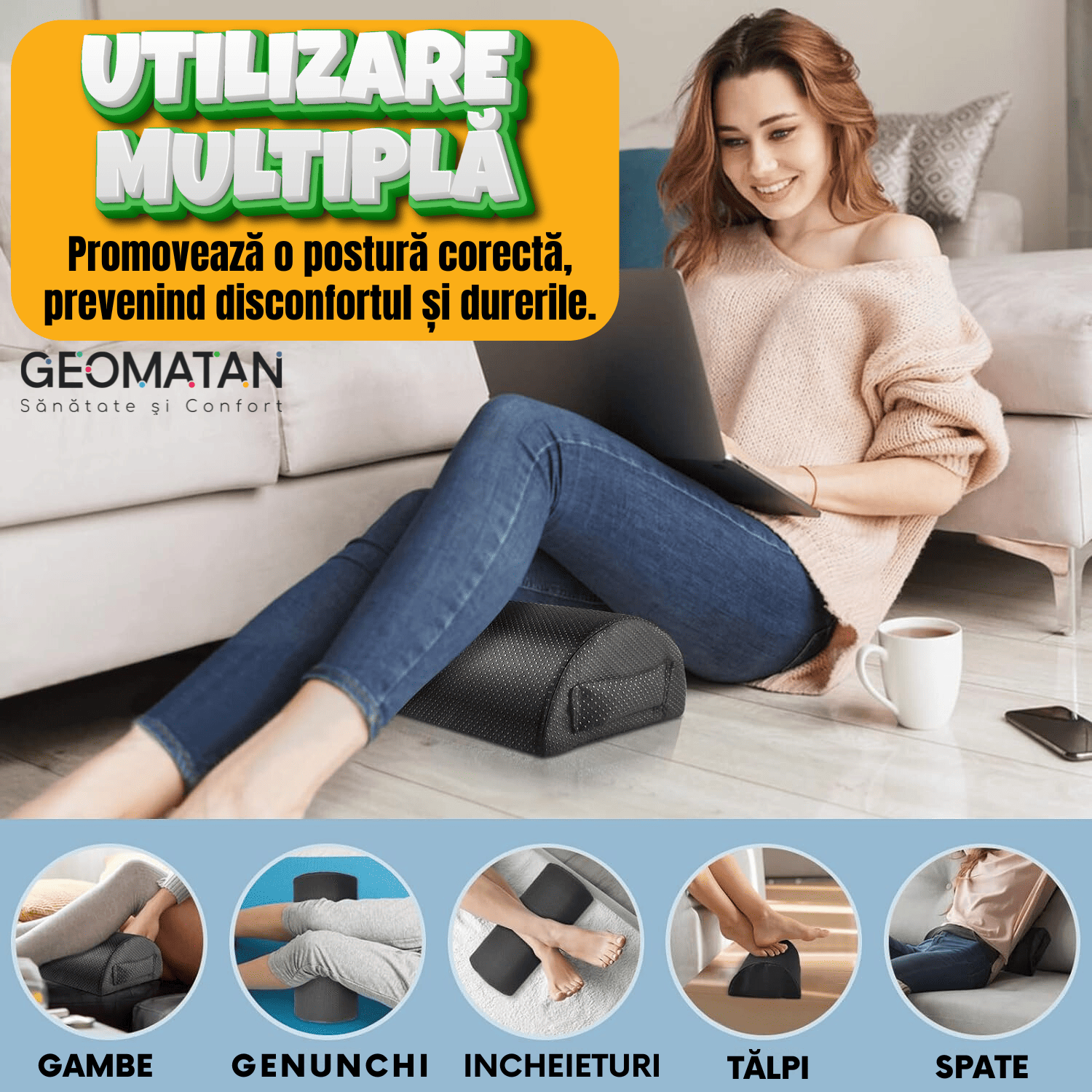 Suport pentru picioare, GEOMATAN®, 5 moduri utilizare, Ergonomic, îmbunătățirea posturii, reducerea durerilor lombare, relaxare musculară, susținere genunchi, stimularea circulației, husă antialunecare, Confortabil pentru birou și acasă, negru obsidian - imagine 4