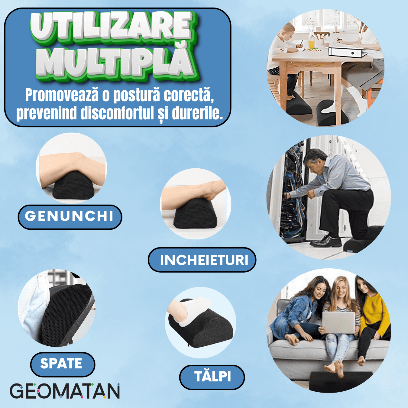 Suport pentru picioare GEOMATAN®, ortopedic, design ergonomic, formă de nor, multifuncțional, ideal pentru birou și acasă, îmbunătățește postura, reduce oboseală, confort și relaxare, husă lavabilă și respirabilă, negru intens - imagine 7
